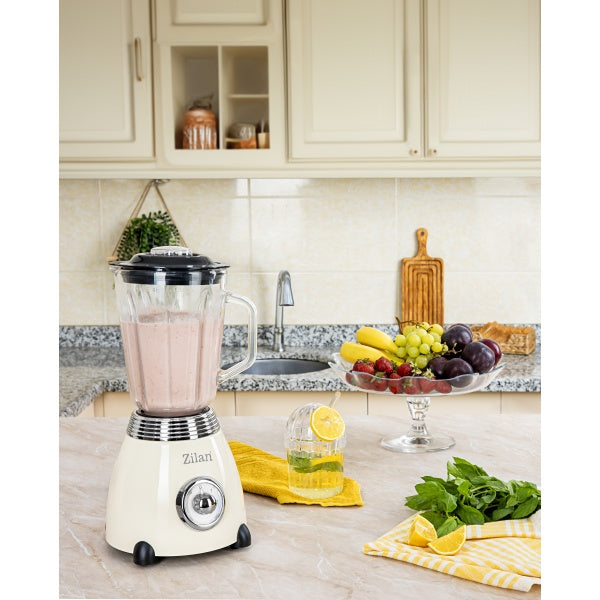Blender Zilan retro 500 W în utilizare cu fructe și legume