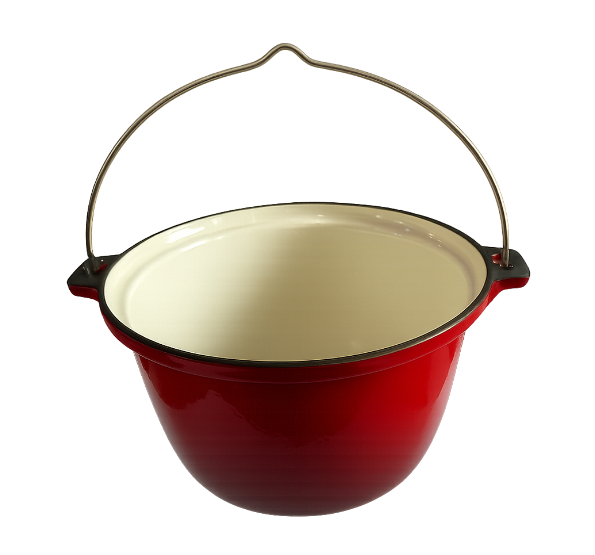 Ceaun din fontă emailată cu mâner metalic, potrivit pentru gătit tradițional