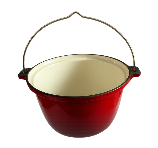 Ceaun din fontă emailată cu mâner metalic, potrivit pentru gătit tradițional