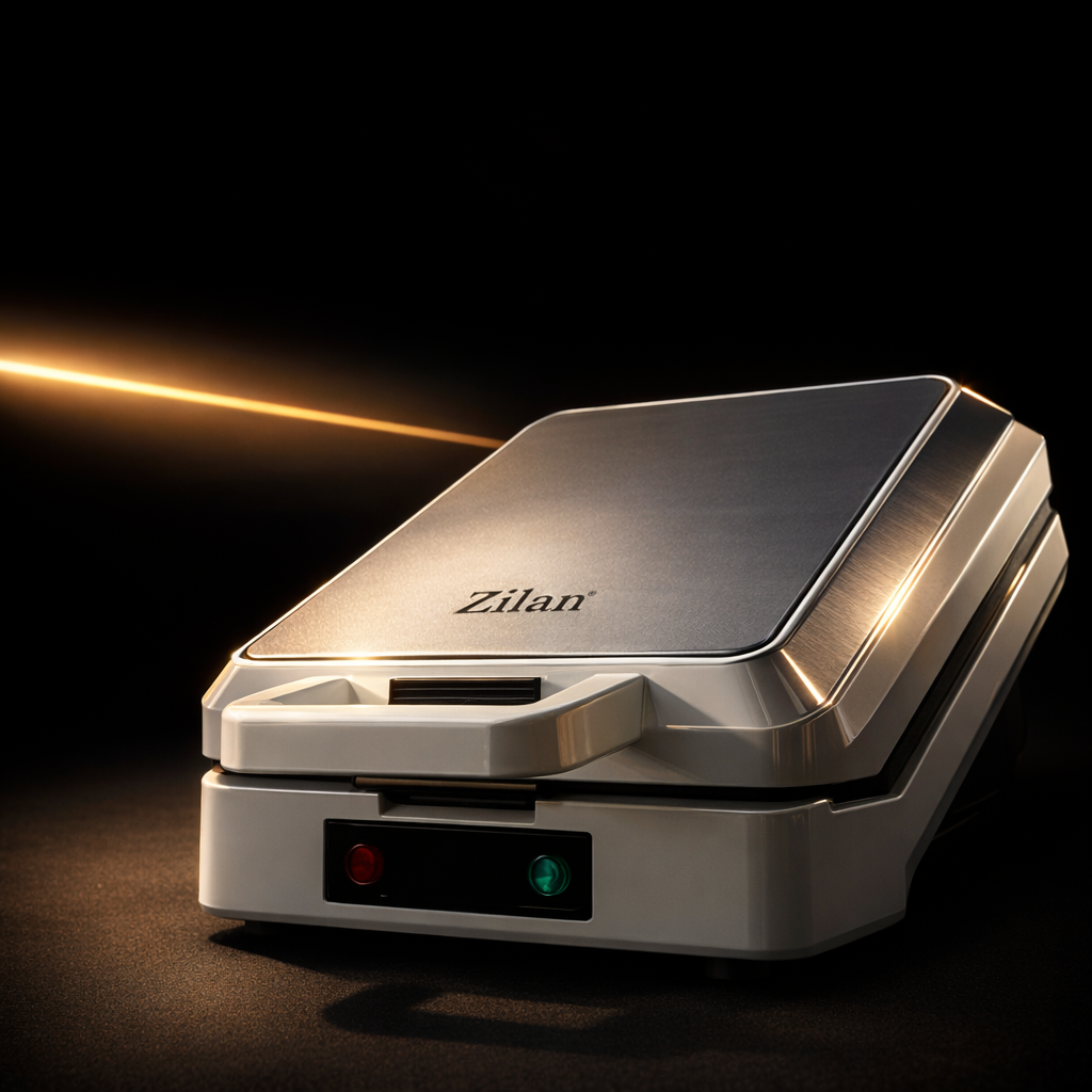 Sandwich maker Zilan ZLN4728 din inox, vedere frontală, aparat închis cu indicatoare luminoase