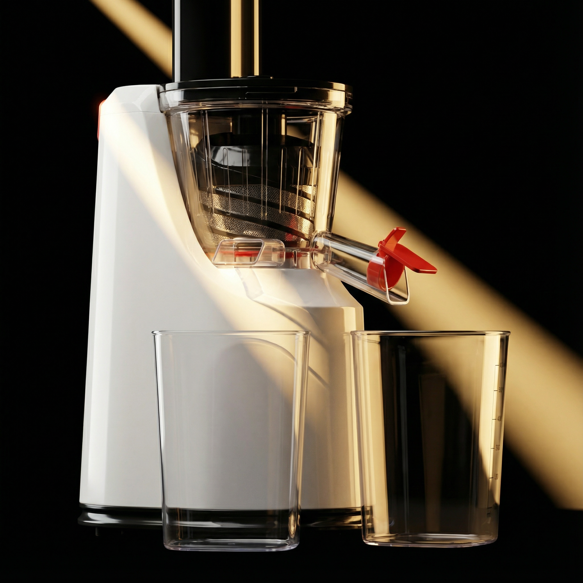 Extractor de suc cu presare la rece, storcător vertical alb, cu două recipiente colectoare.